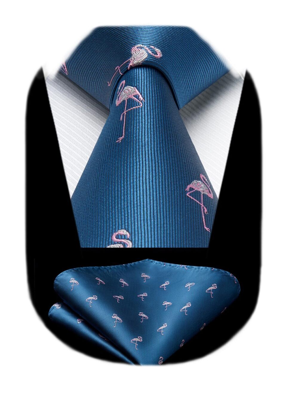 7272 Blue Ties Flamingo Ties Animal Print Necktie and Pocket Square Set